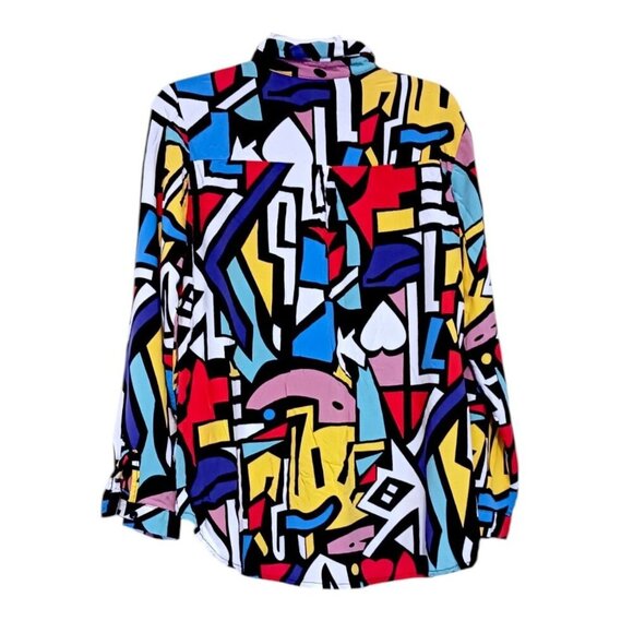 Abstract Mod Long Sleeve Blouse Cubist Color Block 60s 90s Style UK 18 US 14 - Picture 5 of 9